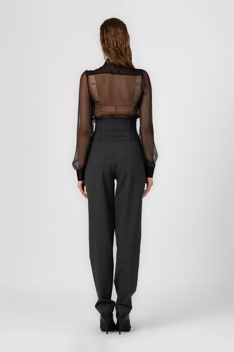 Pantaloni gri lungi cu talie inalta corset din lana Tomboy
