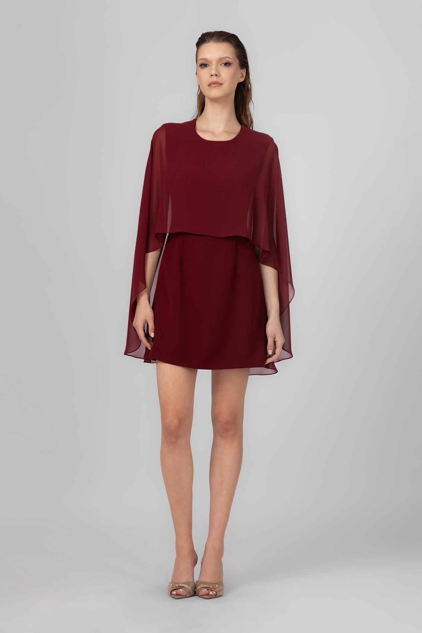 Dark red midi dress with Veil cape