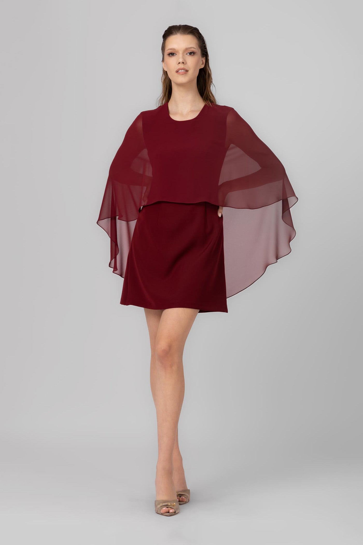Dark red midi dress with Veil cape
