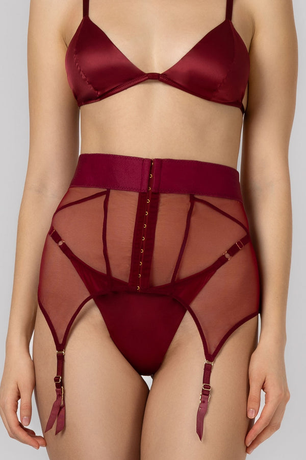 Zest Bi-Stretch Sheer Suspender Belt Dark Red