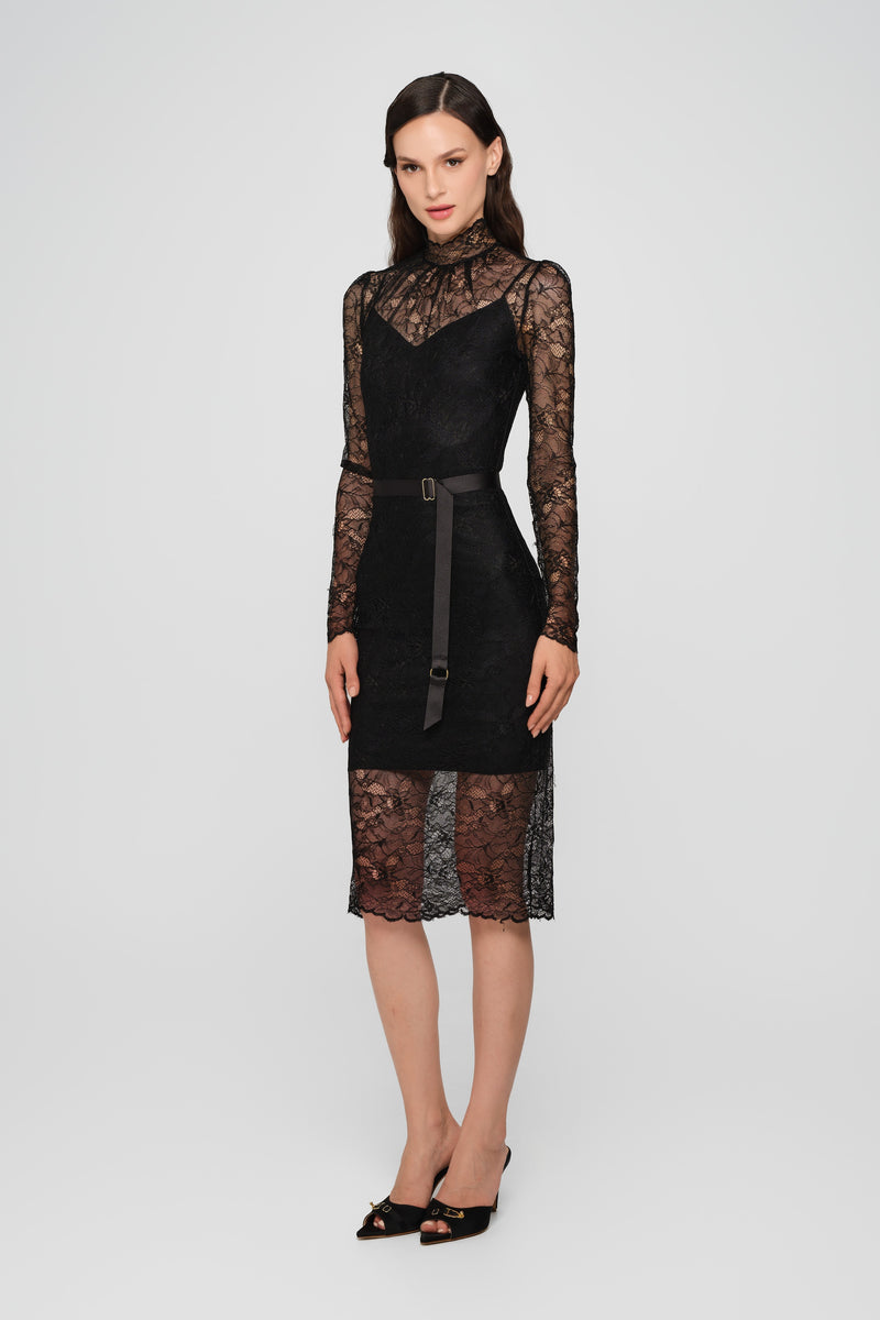 Rochie neagra midi din dantela Mist